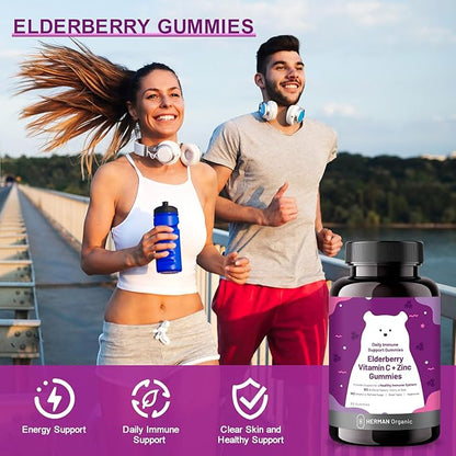 Herman Organic Elderberry Gummies for Kids and Adults,with Vitamin C, Zinc and Sodium, 3-in-1 Daily Immune Support Supplement,Gluten Free, Vegetarian(60 Gummies)