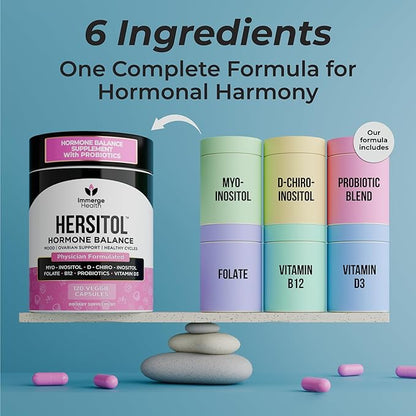 Hormone Balance for Women, PCOS, Ovarian Support, Fertility, Menstrual Cycle | Myo-Inositol & D-Chiro Inositol Supplement 40:1 Ratio With Folic Acid, B12 & Probiotics | Female Vitamins 120 Capsules