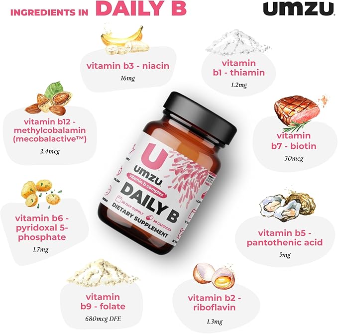 UMZU Daily B | 100% Complete Vitamin B Complex with B1, B2, B3, B5, B6, B7, B9 & B12 with Folic Acid | Supports Natural Energy Production &Cognitive Function Well (30 Day Supply | 30 Capsules)