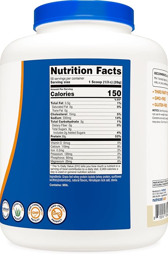 Nutricost Grass-Fed Whey Protein Isolate (Vanilla) 5LBS - Non-GMO, Gluten Free, Natural Flavors