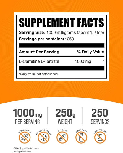 BulkSupplements.com L-Carnitine Tartrate Powder - Carnitine Supplement, L-Carnitine L-Tartrate, L Carnitine 1000mg - Unflavored & Gluten Free, 1000mg per Serving, 250g (8.8 oz) (Pack of 1)