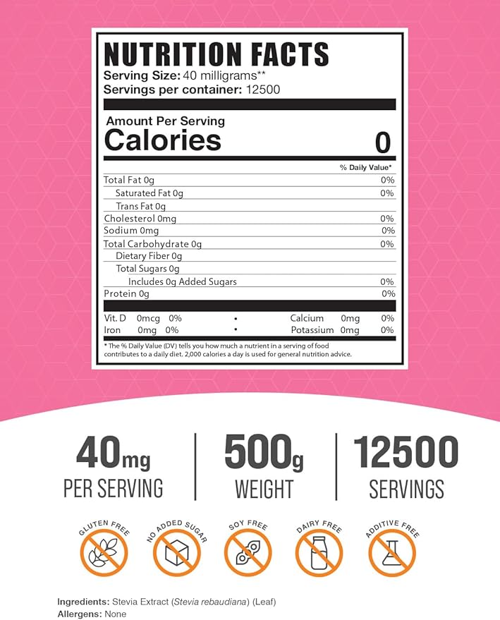 BulkSupplements.com Stevia Extract Powder - Stevia Sweetener, Pure Stevia Powder - Zero Calorie Sweetener, Gluten Free, 40mg per Serving, 500g (1.1 lbs) (Pack of 1)