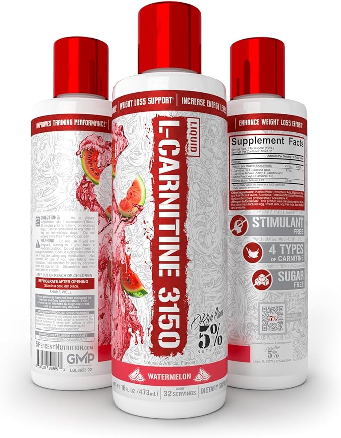 5% Nutrition Rich Piana Liquid L-Carnitine 3150 | Premium 4 Source Blend + GBB, The Super Carnitine (Watermelon Candy)