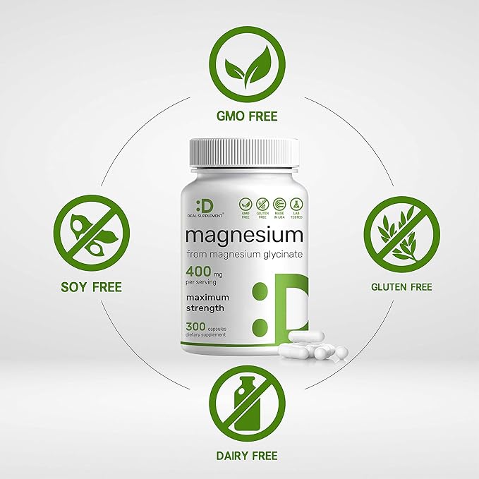 Magnesium Glycinate 400mg | Elemental Magnesium - 300 Capsules | Chelated for Easy Absorption | Highly Purified Essential Trace Mineral for Muscle, Joint, Heart, & Immune Support