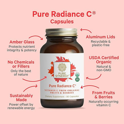 PURE SYNERGY Pure Radiance C | Organic Vitamin C Capsules | 100% Natural, Whole Food, Non-GMO Supplement with Camu Camu Extract | for Immune and Collagen Support (90 Capsules)
