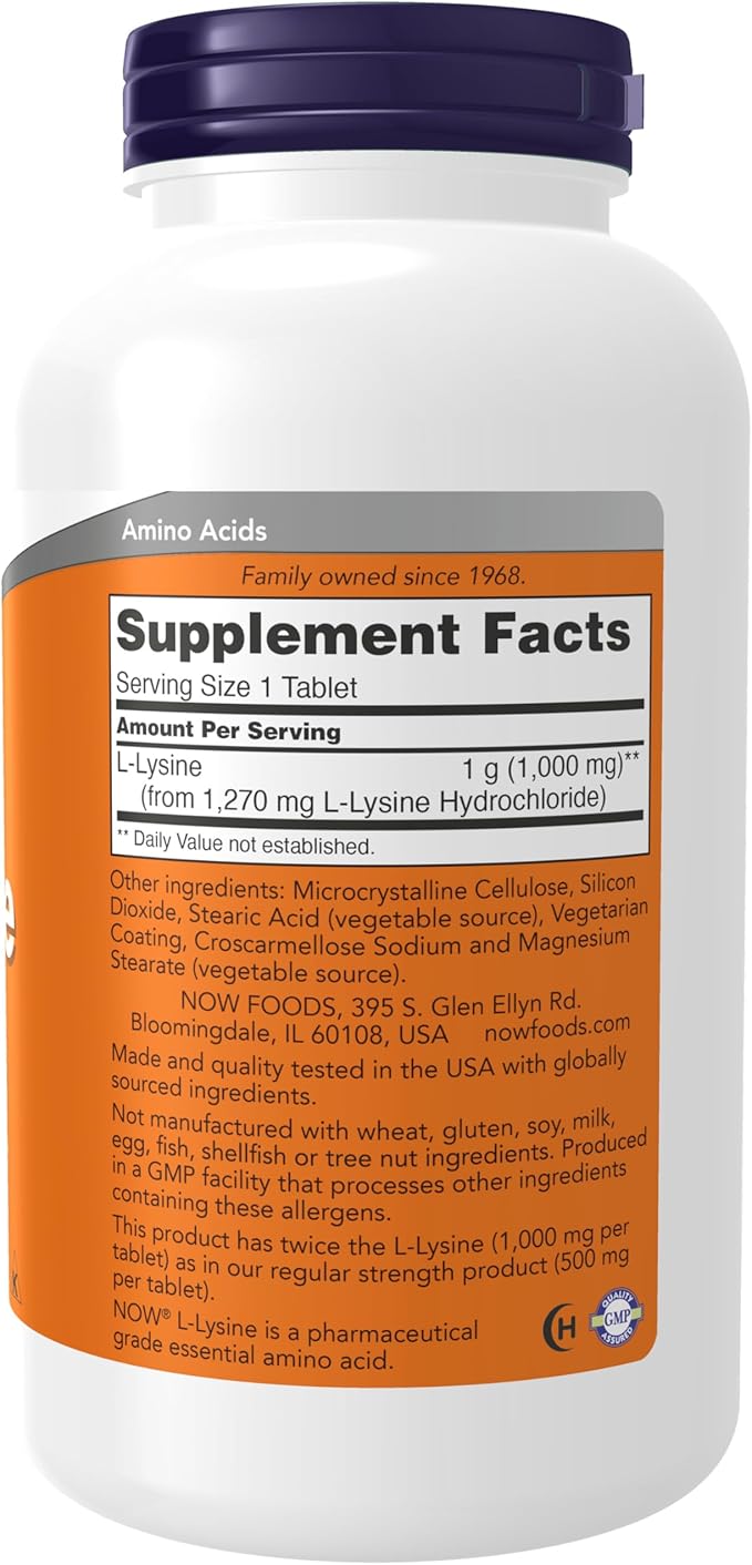 NOW Foods Supplements, L-Lysine (L-Lysine Hydrochloride) 1,000 mg, Double Strength, Amino Acid, 250 Tablets
