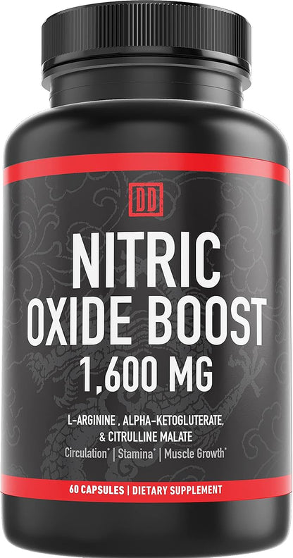 Nitric Oxide Booster Supplement, 1600mg Extra Strength L-Arginine, Citrulline Malate, and Alpha-Ketoglutarate (60 Count, 1 Bottle)