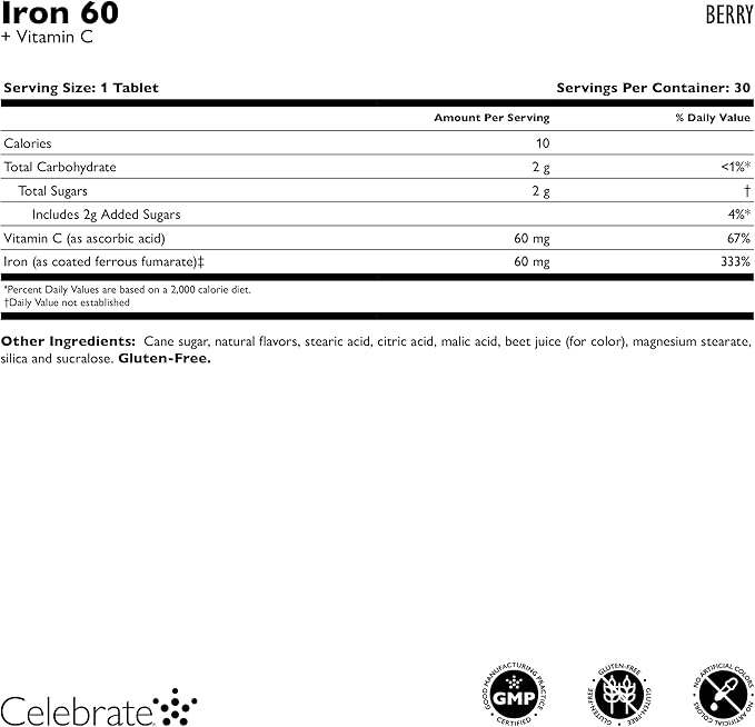 Celebrate Vitamins Iron Supplement with Vitamin C - 60mg Iron, 60mg Vitamin C, Bariatric Vitamins for WLS Patients, Vertical Sleeve & Gastric Bypass Surgery - Berry, 90 Chewable Tablets