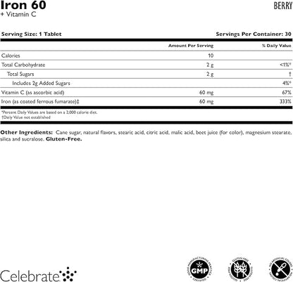 Celebrate Vitamins Iron Supplement with Vitamin C - 60mg Iron, 60mg Vitamin C, Bariatric Vitamins for WLS Patients, Vertical Sleeve & Gastric Bypass Surgery - Berry, 90 Chewable Tablets