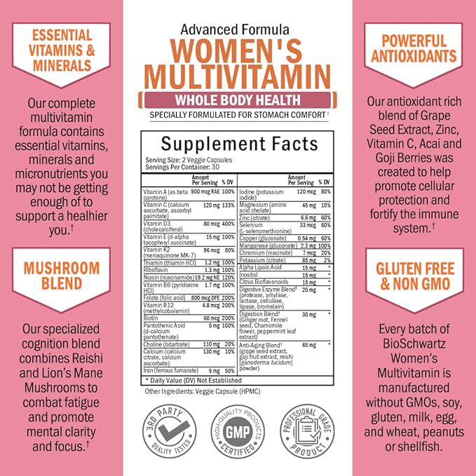 Multivitamin for Women with Vitamin D3 - Multivitamins for Bone Breast Skin Joint Energy - Vitamins for Immunity Support - Immune System Boost Natural Immune Defense - Joint Support Supplement - 60Ct