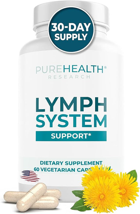 PUREHEALTH RESEARCH Lymph System Support Supplement - Lymphatic Drainage Supplement with Dandelion Extract, Cleavers, Burdock Powder - Reduce Swelling and Cleanse Lymph - 1 Bottle, Brown
