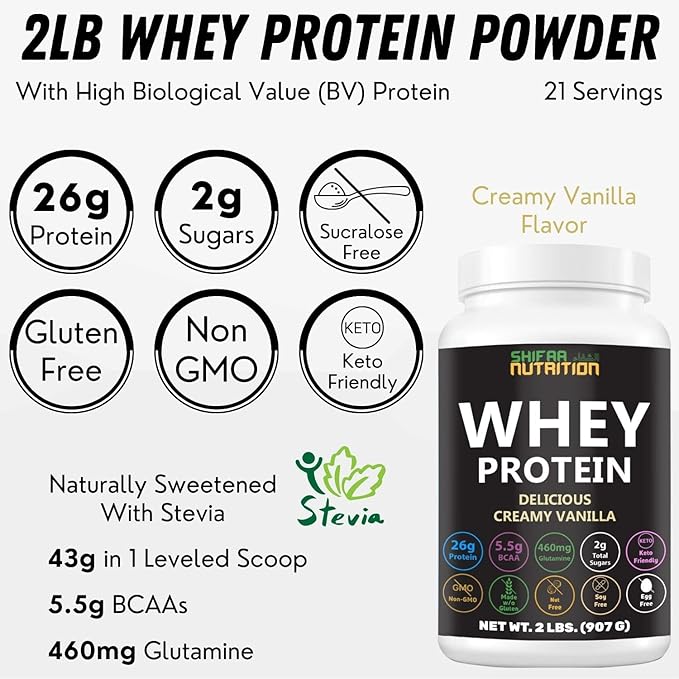 Delicious Creamy Vanilla Halal Whey Protein Powder 2Lbs | 26g Protein, 5500mg BCAAs, and 460mg Glutamine | for Recovery & Lean Muscles | Gluten-Free | Non-GMO | Keto-Friendly