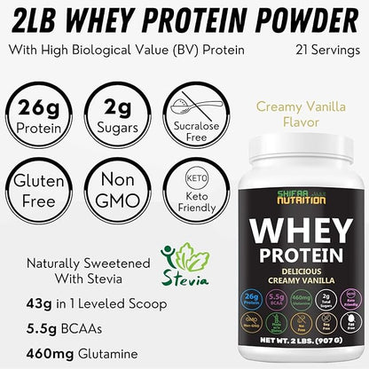 Delicious Creamy Vanilla Halal Whey Protein Powder 2Lbs | 26g Protein, 5500mg BCAAs, and 460mg Glutamine | for Recovery & Lean Muscles | Gluten-Free | Non-GMO | Keto-Friendly