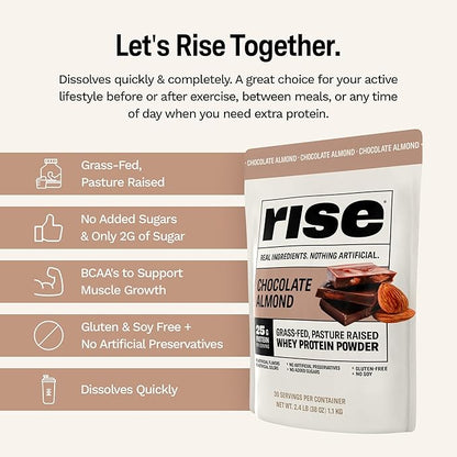 Rise Grass-Fed Whey Protein Powder - Chocolate Almond | 25g Protein No Artificial Flavors, Colors, or Preservatives - Sugar Free, Gluten-Free, Soy Free (2.4 lbs)