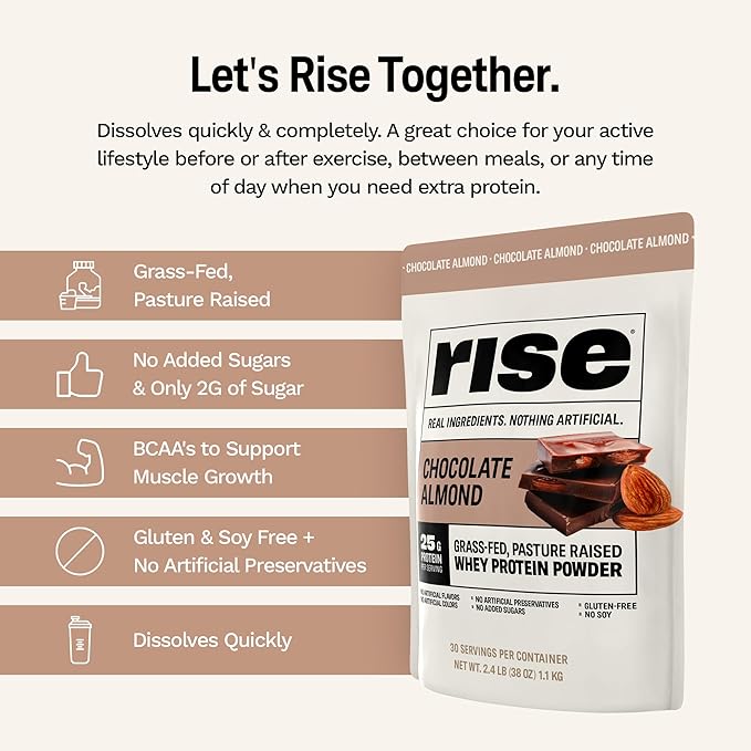Rise Grass-Fed Whey Protein Powder - Sample Chocolate Almond | 25g Protein No Artificial Flavors, Colors, or Preservatives - Sugar Free, Gluten-Free, Soy Free (Single Serving)