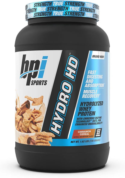 BPI Sports Hydro HD - 100% Hydrolyzed Whey Protein Powder - Muscle Growth, Recovery, 25g of Protein, Low Carb, Low Sugar, Fast Absorbing (23 Servings, Cinnamon Cereal)