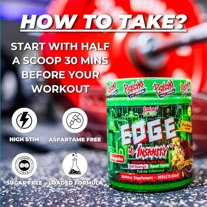 Psycho Pharma Strongest High Stim Preworkout Powder - Edge of Insanity - Most Intense Pre Workout Supplement for Pumps, Strength, Energy and Feel Good Focus. Rivals Famous PWOs of The Past