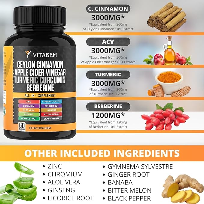 Ceylon Cinnamon Capsules 3000mg Turmeric 3000mg Apple Cider Vinegar 3000mg Ginseng 2000mg Aloe Vera 2000mg Berberine Supplement 1200mg + Banaba | Bitter Melon | Ginger Root - 60 Count (Pack of 2)