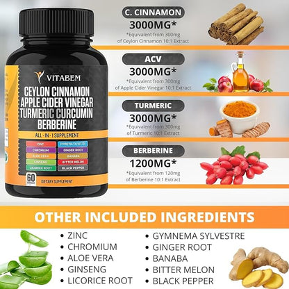 Ceylon Cinnamon Capsules 3000mg Turmeric 3000mg Apple Cider Vinegar 3000mg Ginseng 2000mg Aloe Vera 2000mg Berberine Supplement 1200mg + Banaba | Bitter Melon | Ginger Root - 60 Count (Pack of 2)