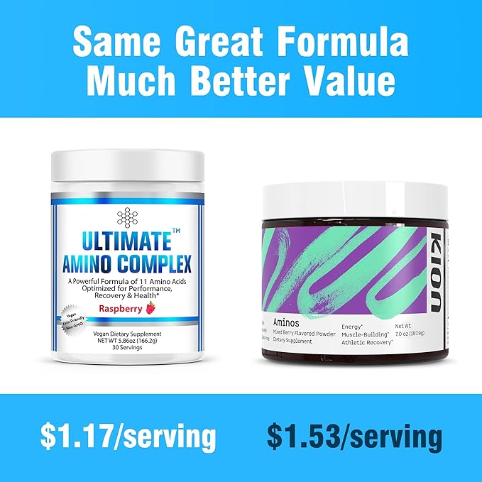 Ultimate Amino Complex Powder (Berry Flavor, 30 Servings, 4g Each) All 9 Essential Amino Acids Supplement with Cystine & Tyrosine - 2:1:1 BCAA Ratio - Energy, Lean Muscle & Recovery - Vegan & Non-GMO