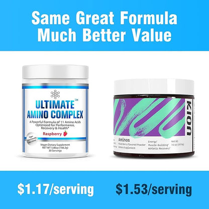 Ultimate Amino Complex Powder (Berry Flavor, 30 Servings, 4g Each) All 9 Essential Amino Acids Supplement with Cystine & Tyrosine - 2:1:1 BCAA Ratio - Energy, Lean Muscle & Recovery - Vegan & Non-GMO