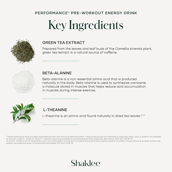 Shaklee - Performance Pre-Workout Energy Drink - Green Tea Extract Lemon Flavor - Energy Boost - Beta-Alanine & L-theanine - 100mg Caffeine, 800mg Beta-Alanine and 100mg L-theanine - 30 Servings