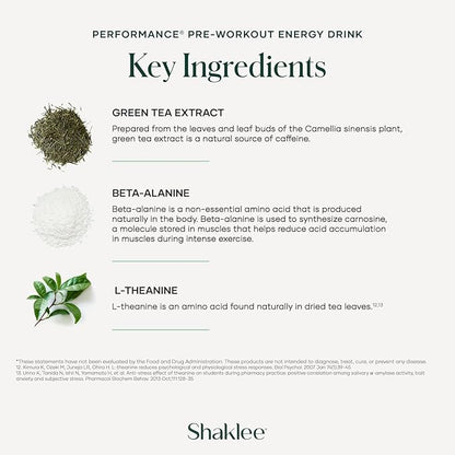 Shaklee - Performance Pre-Workout Energy Drink - Green Tea Extract Lemon Flavor - Energy Boost - Beta-Alanine & L-theanine - 100mg Caffeine, 800mg Beta-Alanine and 100mg L-theanine - 30 Servings