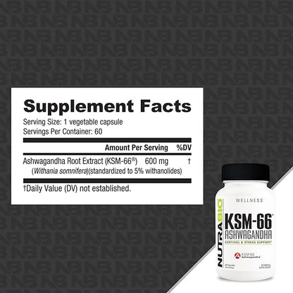 NutraBio Ashwagandha KSM-66 Herbal Supplement for Better Overall Well-Being- Ashwagandha Supplement- 600mg - 60 Vegetable Capsules