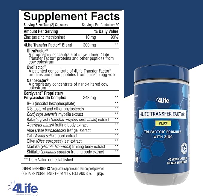 4LIFE TRANSFER FACTOR PLUS Tri-Factor Formula - Immune System Support with Zinc, Super Mushroom Blend (Maitake, Shiitake, Agaricus), and Extracts of Cow Colostrum and Chicken Egg Yolk - 60 Capsules