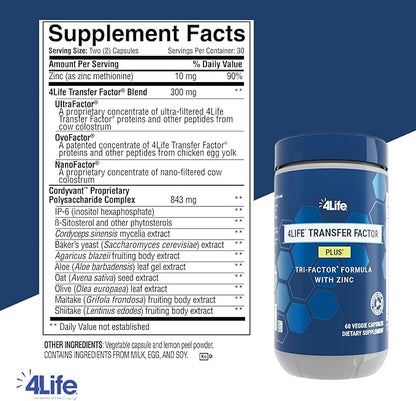 4LIFE TRANSFER FACTOR PLUS Tri-Factor Formula - Immune System Support with Zinc, Super Mushroom Blend (Maitake, Shiitake, Agaricus), and Extracts of Cow Colostrum and Chicken Egg Yolk - 60 Capsules