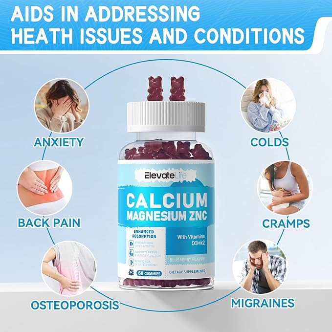 Calcium Magnesium Zinc Gummies with Vitamin D3 & K2 - High Potency Enhanced Absorption -60 Blueberry Gummies Flavored
