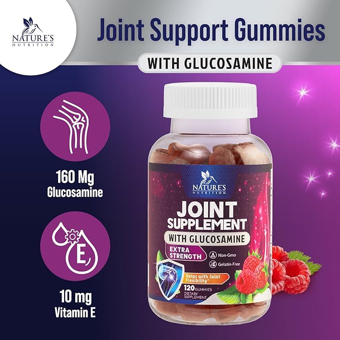 Joint Support Gummies Glucosamine Plus Vitamin E - Nature's Joint Support Supplement for Occasional Discomfort for Back, Knees & Hands - Cartilage & Joint Health & Flexibility Support - 120 Gummies