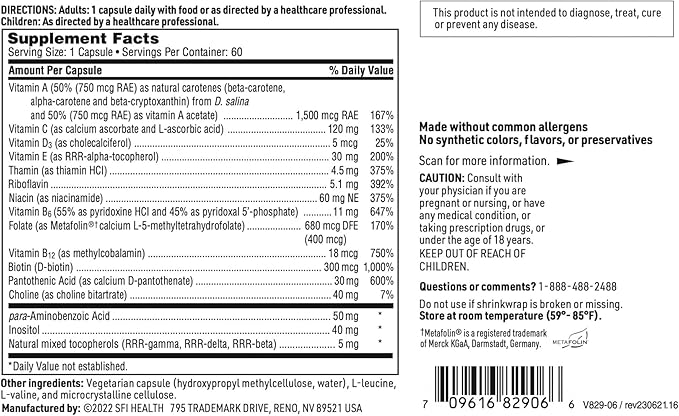 Klaire Labs Multi-Vitamin Complex - Once-Daily Mineral-Free Multivitamin with Metafolin Folate, Vitamin B6 & B12 (60 Capsules)