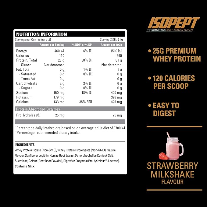IsoPept Hydrolyzed Whey Protein Powder by EHPlabs - 100% Whey Protein Isolate & Hydrolysate, 27g of Protein, Non-GMO, Gluten Free, Fast Absorbing, Easy Digesting, 27 Serves (Strawberry Milkshake)