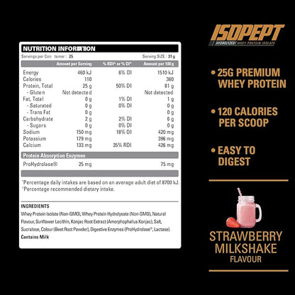 IsoPept Hydrolyzed Whey Protein Powder by EHPlabs - 100% Whey Protein Isolate & Hydrolysate, 27g of Protein, Non-GMO, Gluten Free, Fast Absorbing, Easy Digesting, 27 Serves (Strawberry Milkshake)