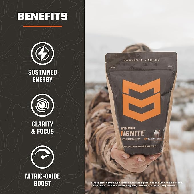 MTN OPS Hot Ignite Coffee Alternative | Mountain Mocha Flavor | Instant Coffee Nootropic & L-Arginine L-Citrulline Blend for Cognitive Clarity, & Focus | 200mg Caffeine | 30 Servings