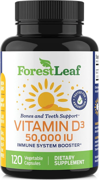 ForestLeaf Vitamin D3 50000 IU - Bone Health and Immune Support - Small Easy to Swallow Capsules - Non-GMO Gluten Free VIT D - VIT D3 Vitamin D Supplements for Women and Men, 120 Count
