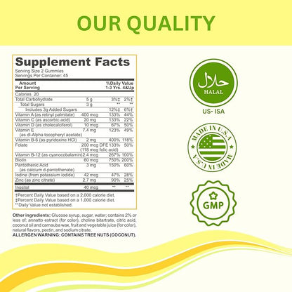 Greenfield Nutritions Kids Gelatin Free Halal Multivitamin Gummies - All Essential Halal Vitamins A, Bs, C, D, Iodine, Zinc for Immunity, Non-GMO, Children's Halal Vitamin Gummies (90 Count)