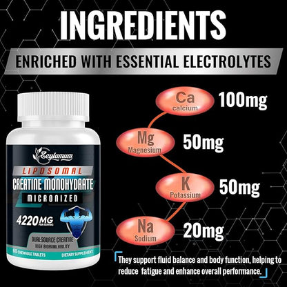 Creatine Chews Tablets for Men & Women, 4220 Mg Chewable Creatine Monohydrate for Energy, Faster Recovery, Strength, Superior Absorption with Liposomal & Micronized, Non-GMO, 30 Servings