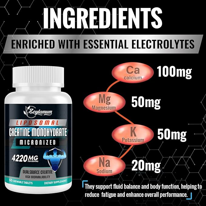 Creatine Chews Tablets for Men & Women, 4220 Mg Chewable Creatine Monohydrate for Energy, Faster Recovery, Strength, Superior Absorption with Liposomal & Micronized, Non-GMO, 60 Servings