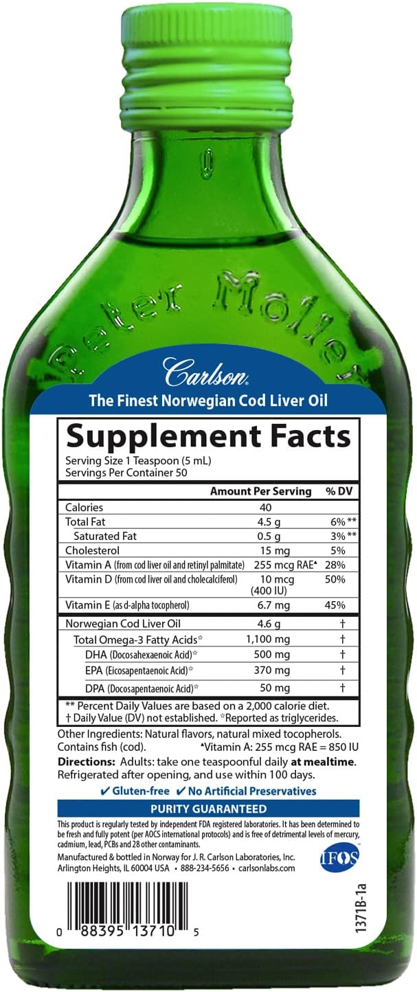 Carlson - Cod Liver Oil, 1100 mg Omega-3s, Plus Vitamins A and D3, Wild Caught Norwegian Arctic Cod Liver Oil, Sustainably Sourced Nordic Fish Oil Liquid, Green Apple, 250 mL (8.4 Fl Oz)