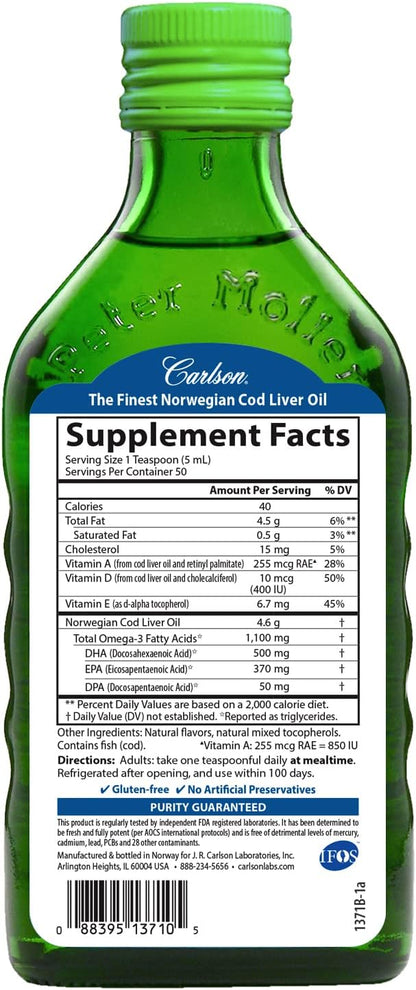 Carlson - Cod Liver Oil, 1100 mg Omega-3s, Plus Vitamins A and D3, Wild Caught Norwegian Arctic Cod Liver Oil, Sustainably Sourced Nordic Fish Oil Liquid, Green Apple, 250 mL (8.4 Fl Oz)