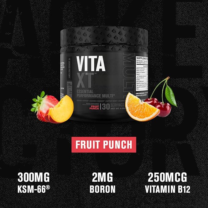 Jacked Factory Vita XT Performance Vitamin Powder - Daily Multivitamin Powder for Men with KSM-66 Ashwagandha, Prebiotic Fiber, Vitamin A, C, D, K, B6, B12, & More - Fruit Punch, 30Sv
