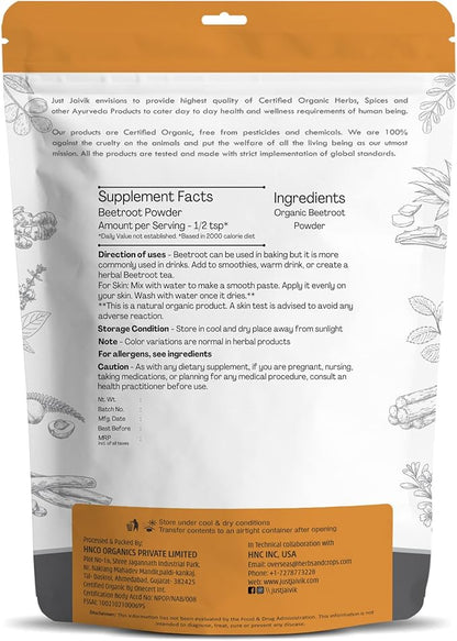 Just Jaivik Organic Beetroot Powder 227 gm / 0.5 lb | Natural Nitric Oxide Booster | Superfood for Healthy Heart | Supports Blood Circulation & Stamina |Gluten Free & Vegan