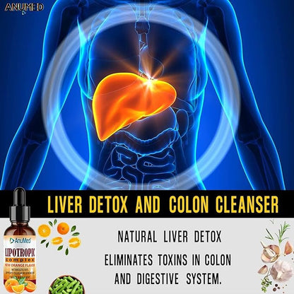 ANUMED - Lipotropic Complex Liquid Drops with Vitamin B12, B6, Folic Acid, Choline, Inositol for Liver Health, Natural Cleanser, Detox + Boosts Natural Energy Levels. Vegan, Non-GMO, Gluten-Free (2oz)