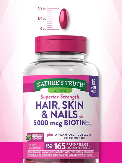 Nature's Truth Hair, Skin & Nails Vitamin | 5000mcg Biotin | 165 Softgels | with Collagen | Non-GMO & Gluten Free Supplement