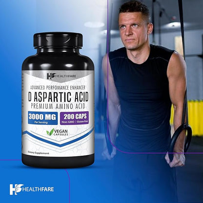 D-Aspartic Acid (DAA) 3000mg | 200 Capsules | DAA Premium Amino Acid | Non-GMO, Gluten Free Supplement