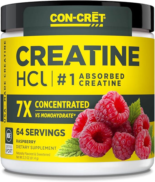 Creatine HCl Powder | Muscle, Cognitive, Cellular Energy Support | No Bloating or Cramps | USA Made & NSF Certified | Raspberry (64 Serving)