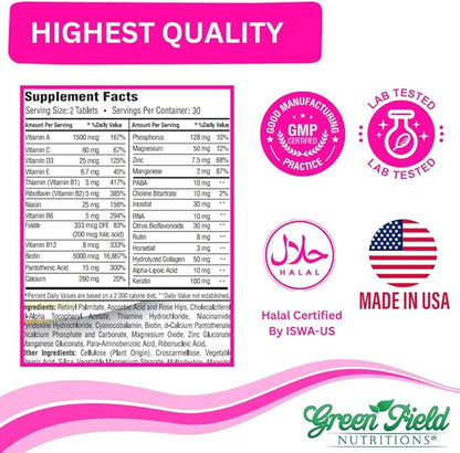 Greenfield Nutritions Halal Biotin Tablet for Adult - 60 Halal Multivitamin for Hair Skin and Nails - High potency 5000mcg Biotin with 50mg Collagen and Minerals - Gelatin Gluten Free, Non-GMO Vitamin