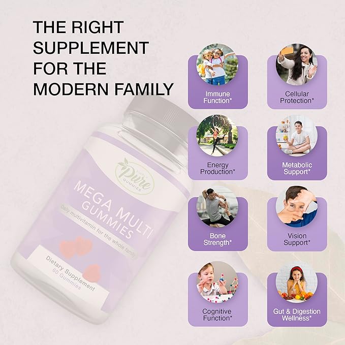 Pure By Nature Mega Multi Gummies, Natural Flavored Multi Vitamin Gummies for Women & Men, Dietary Supplement, Multivitamin for Men with Vitamins A, D2, C, E, K, Biotin, Folic Acid (60 Count)